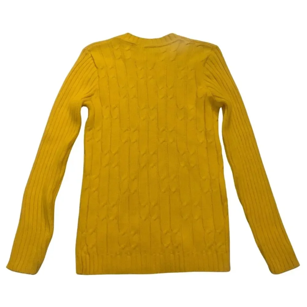 Yellow Cable Knit Crewneck Ribbed Sweater Size Small Grandpa Tennis Varsity